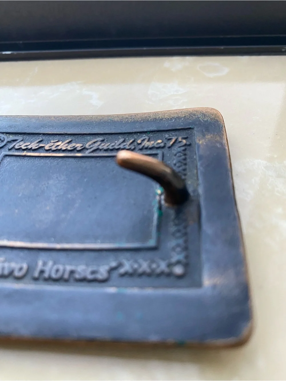 Vintage 1975 Tech Ether Guild Two Horses Brass Belt Buckle Western Hippie Tree